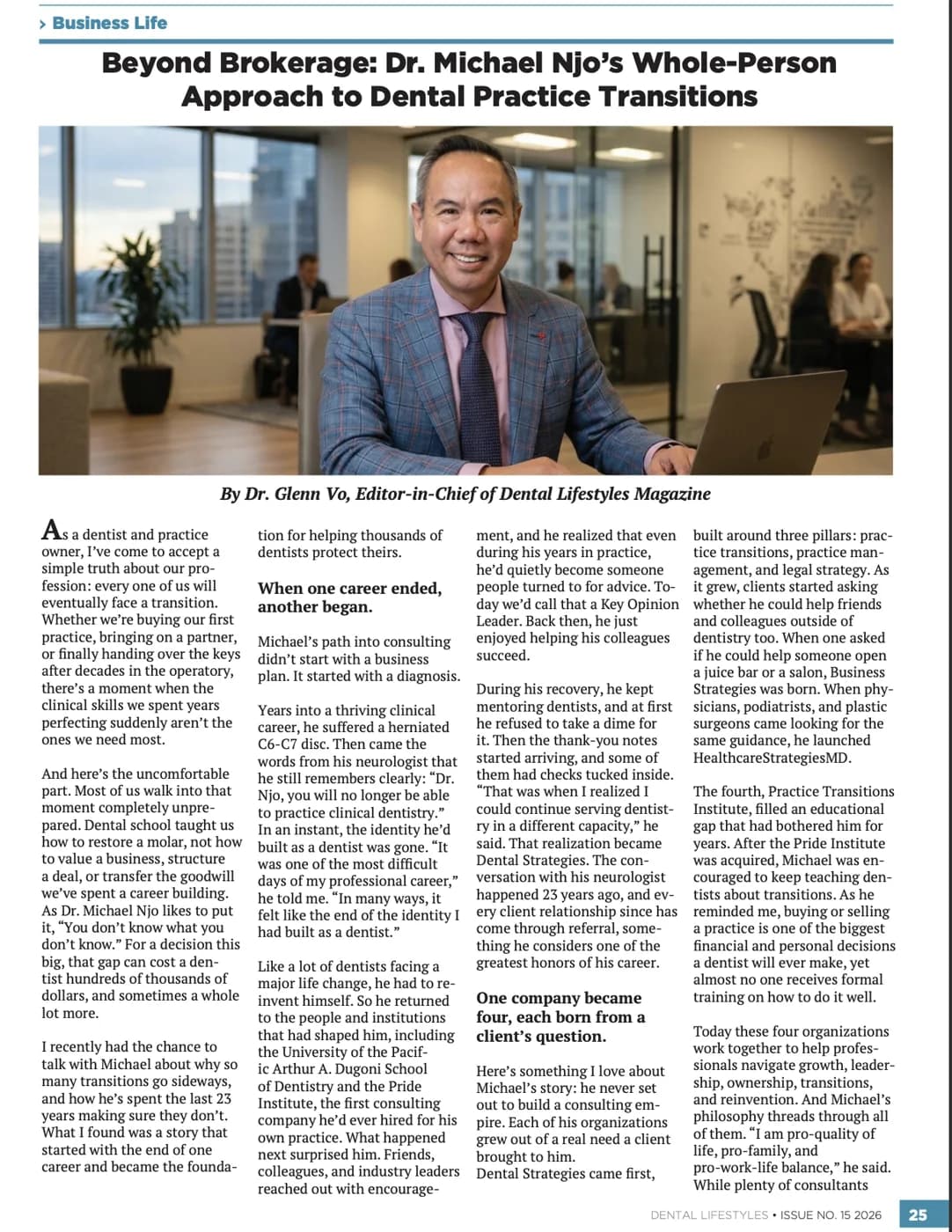 Dental Lifestyles Magazine feature 'Beyond Brokerage: Dr. Michael Njo's Whole-Person Approach to Dental Practice Transitions' by Dr. Glenn Vo
