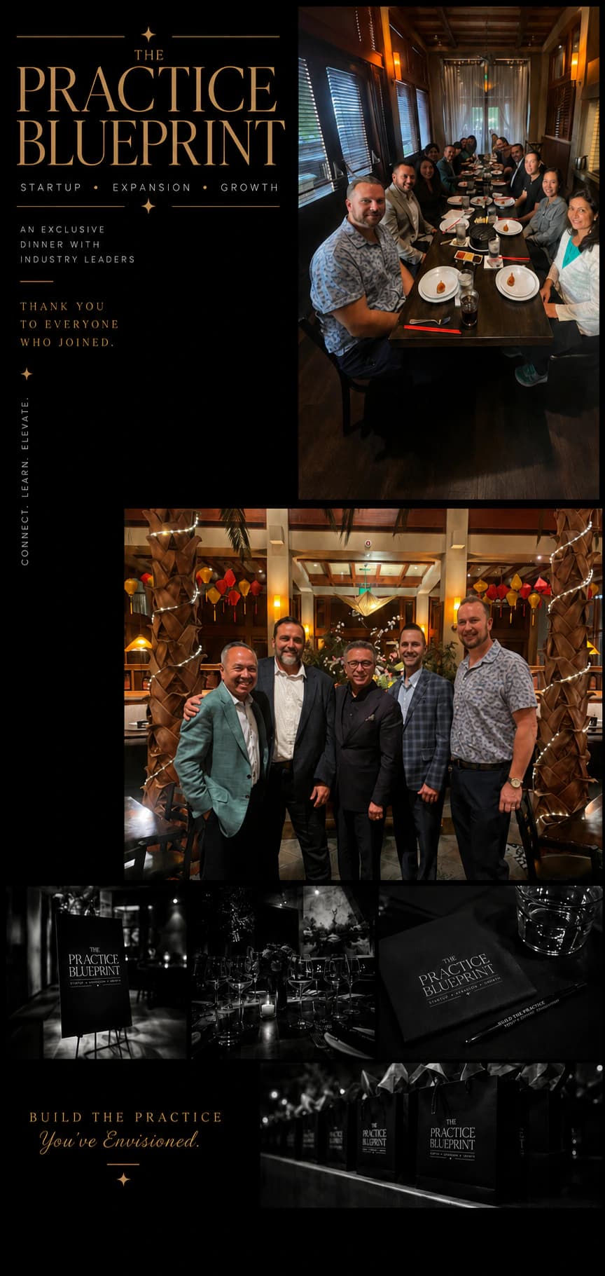 Vertical recap collage titled The Practice Blueprint, with a dinner-table group photo, a five-person portrait, and black-and-white welcome-sign, table-setting, stationery, and gift-bag details from the Roseville evening