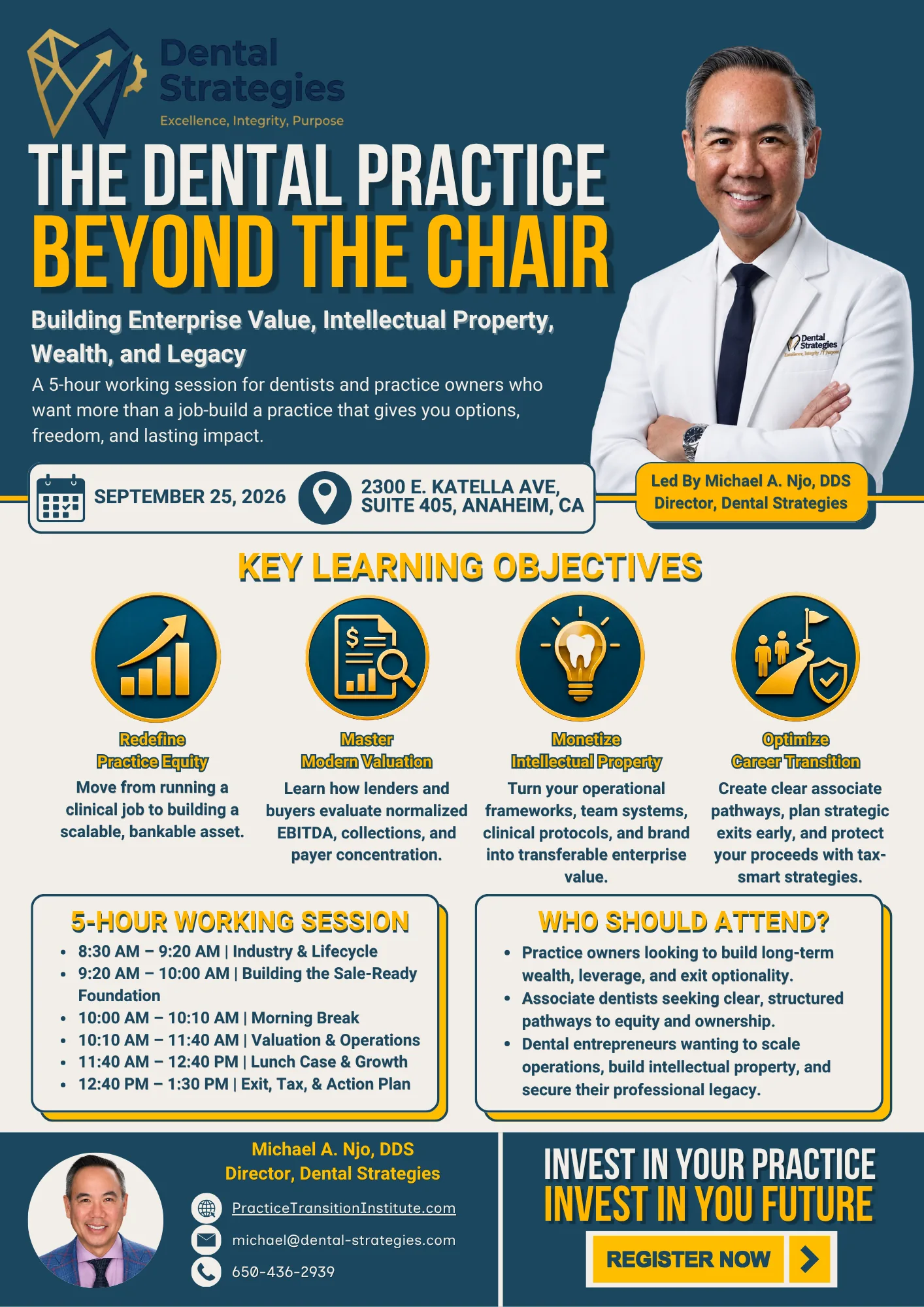 Promotional flyer for The Dental Practice Beyond the Chair, a September 25, 2026 five-hour working session in Anaheim led by Michael A. Njo, DDS