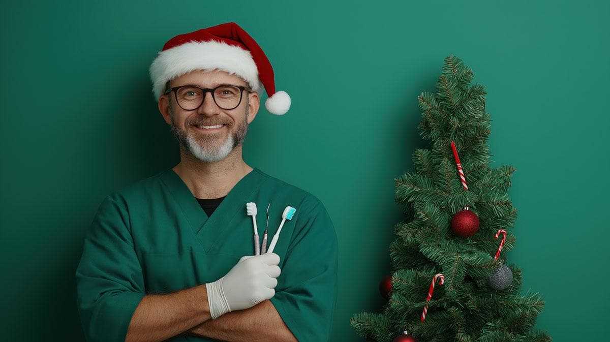 Festive dentist wearing a Santa hat smiling beside holiday dental tools