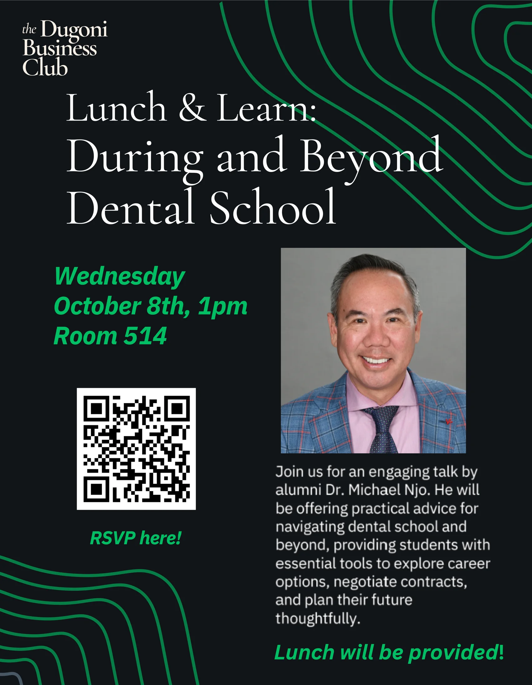 Lunch & Learn flyer for Dr. Michael Njo's presentation at the Dugoni School of Dentistry