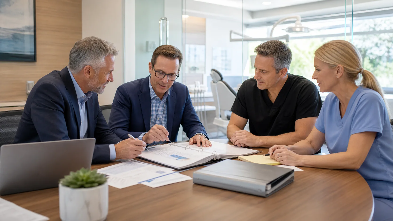 Dental practice owner and advisors reviewing a transition plan together