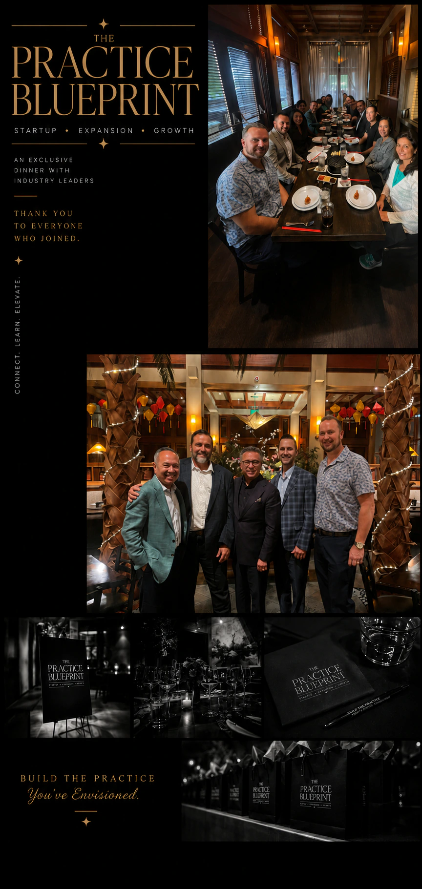 Vertical recap collage titled The Practice Blueprint, with a dinner-table group photo, a five-person portrait, and black-and-white welcome-sign, table-setting, stationery, and gift-bag details from the Roseville evening
